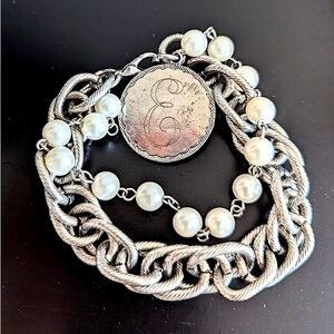 Silver tone E bracelet chains and pearly beads